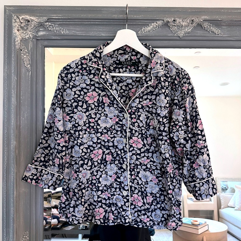 Lauren Ralph Lauren Floral Pajama Top Blue Pink Button Down Sleep Shirt Womens S
